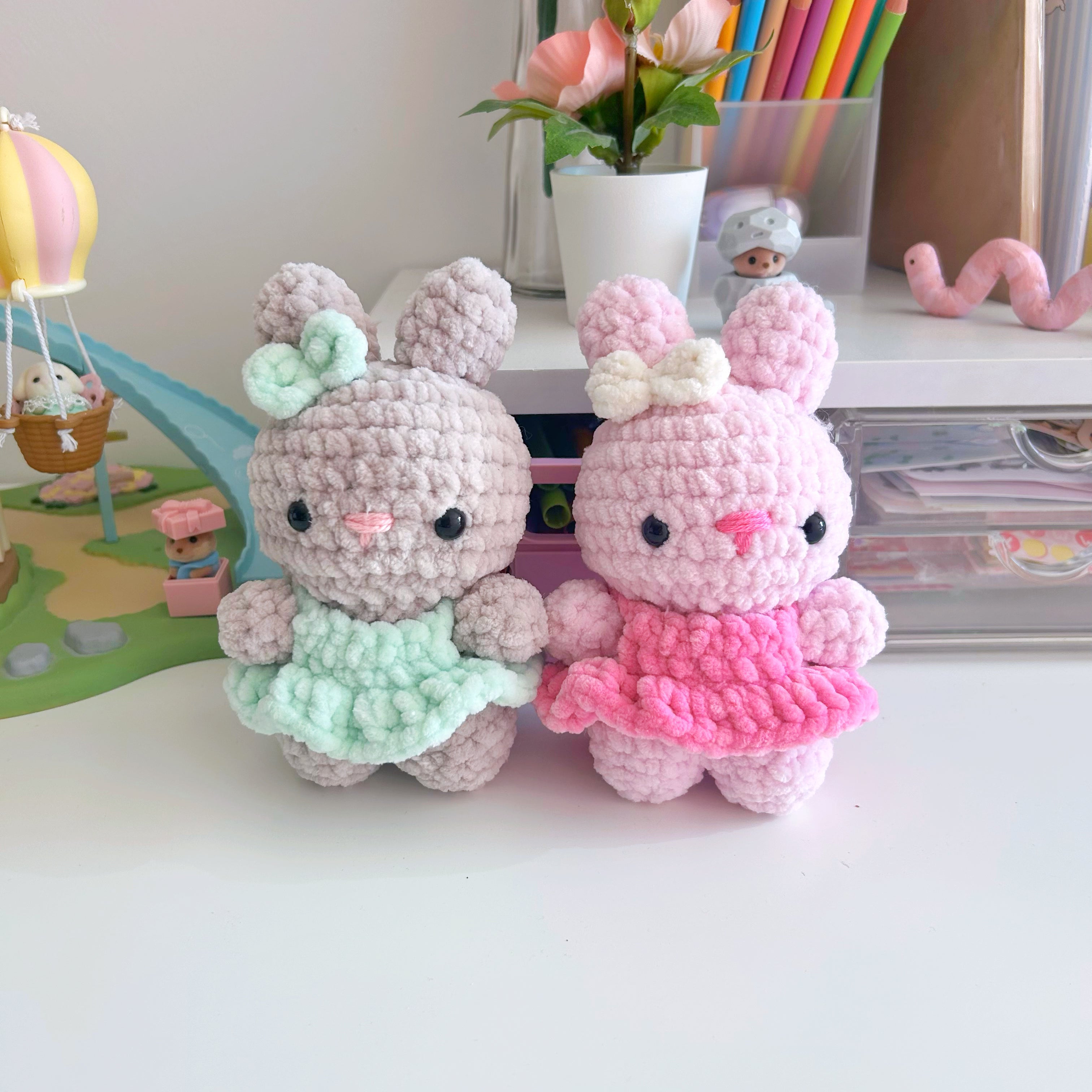 Crochet bunnies with dresses, handmade crochet plushies