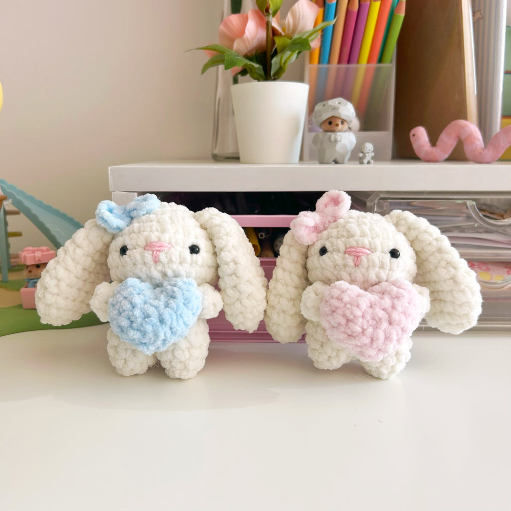 Crochet cream bunnies with hearts, handmade crochet plushies