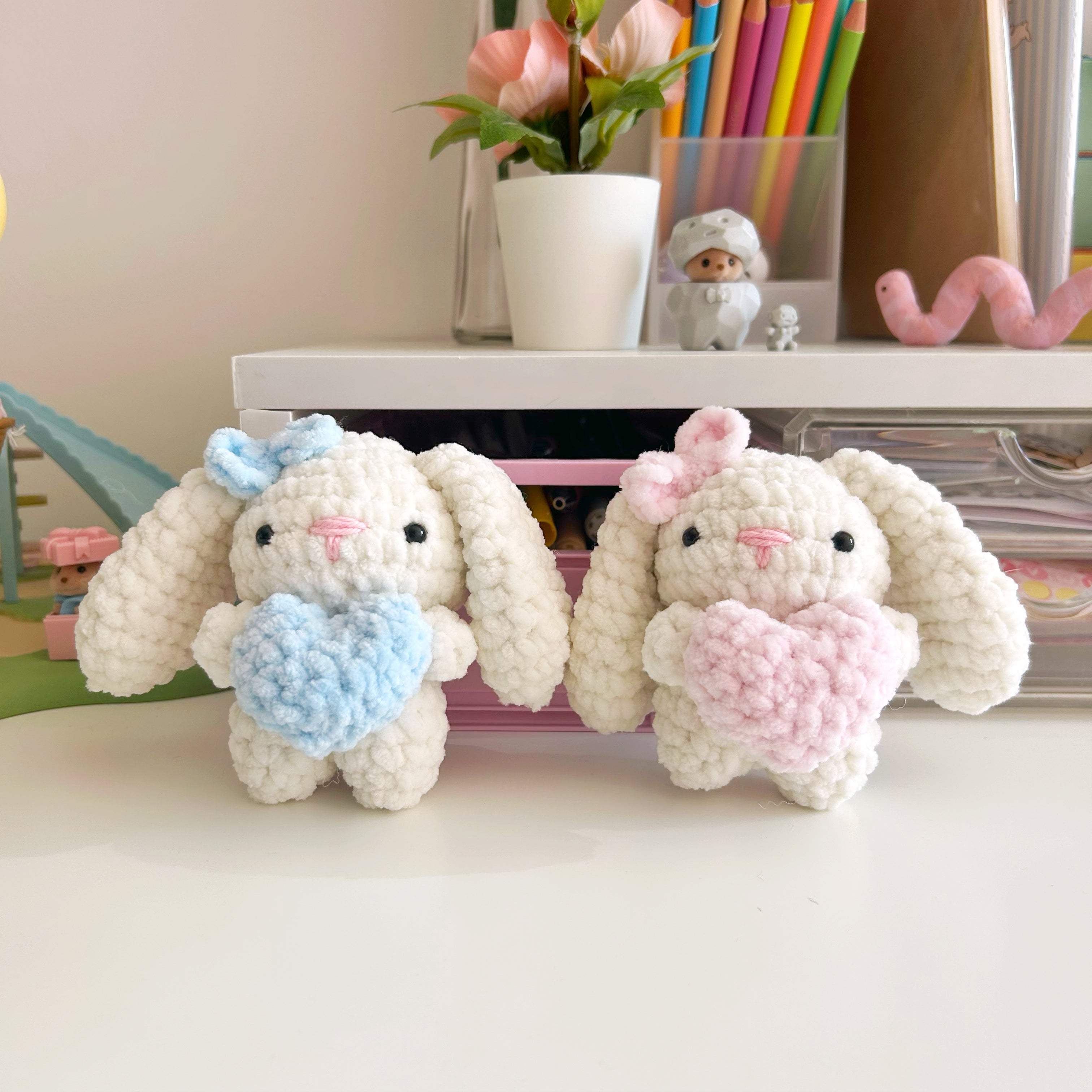 Crochet cream bunnies with hearts, handmade crochet plushies