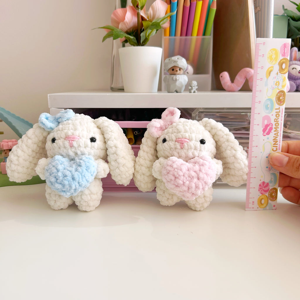Crochet cream bunnies with hearts, handmade crochet plushies