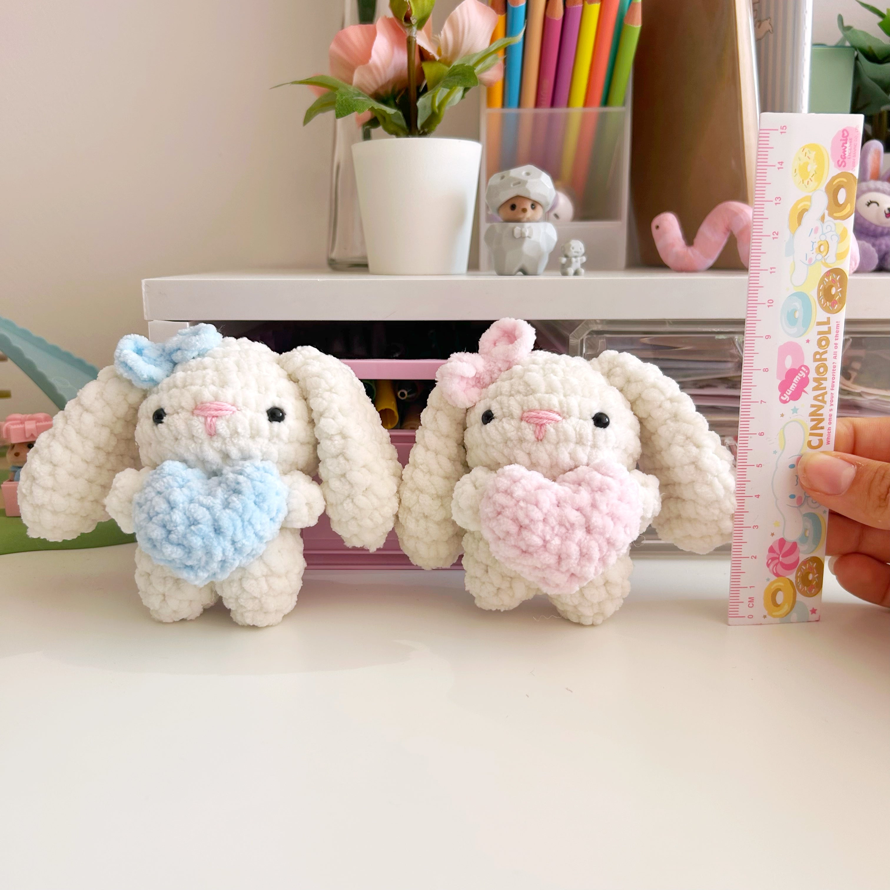 Crochet cream bunnies with hearts, handmade crochet plushies