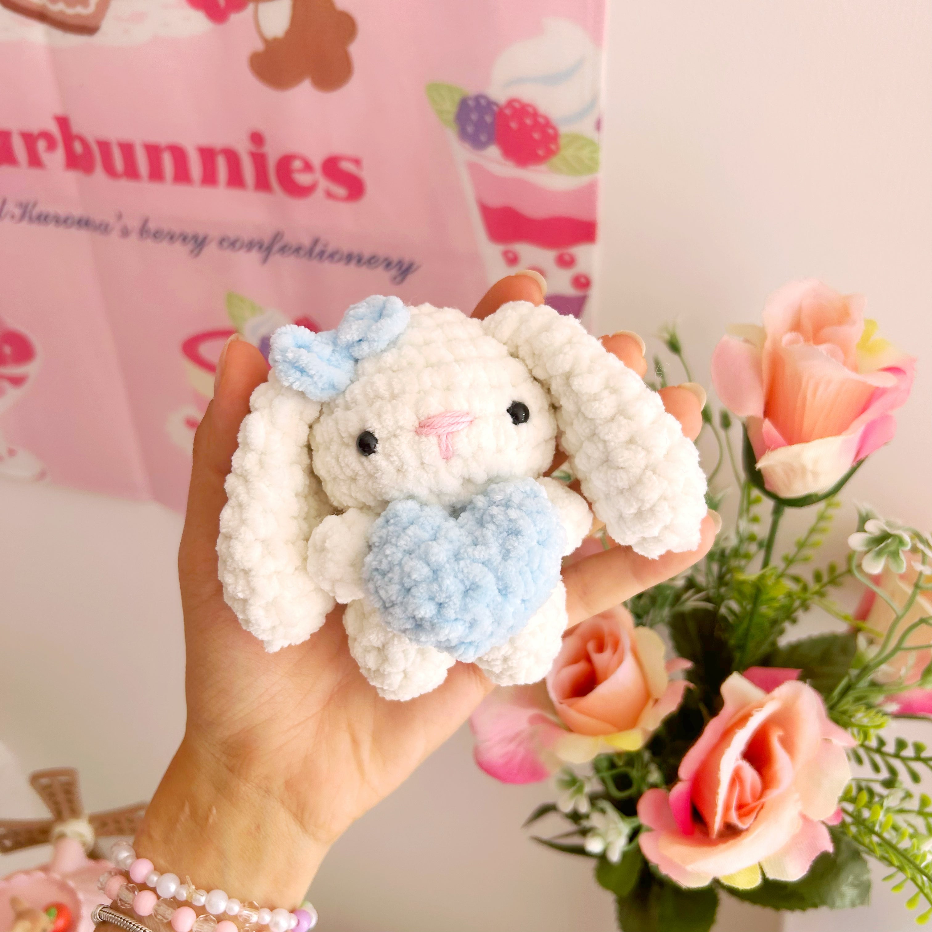 Crochet cream bunnies with hearts, handmade crochet plushies