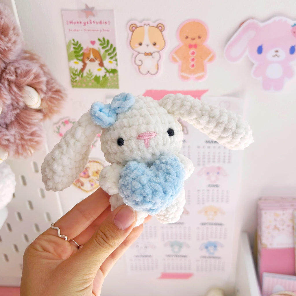 Crochet cream bunnies with hearts, handmade crochet plushies