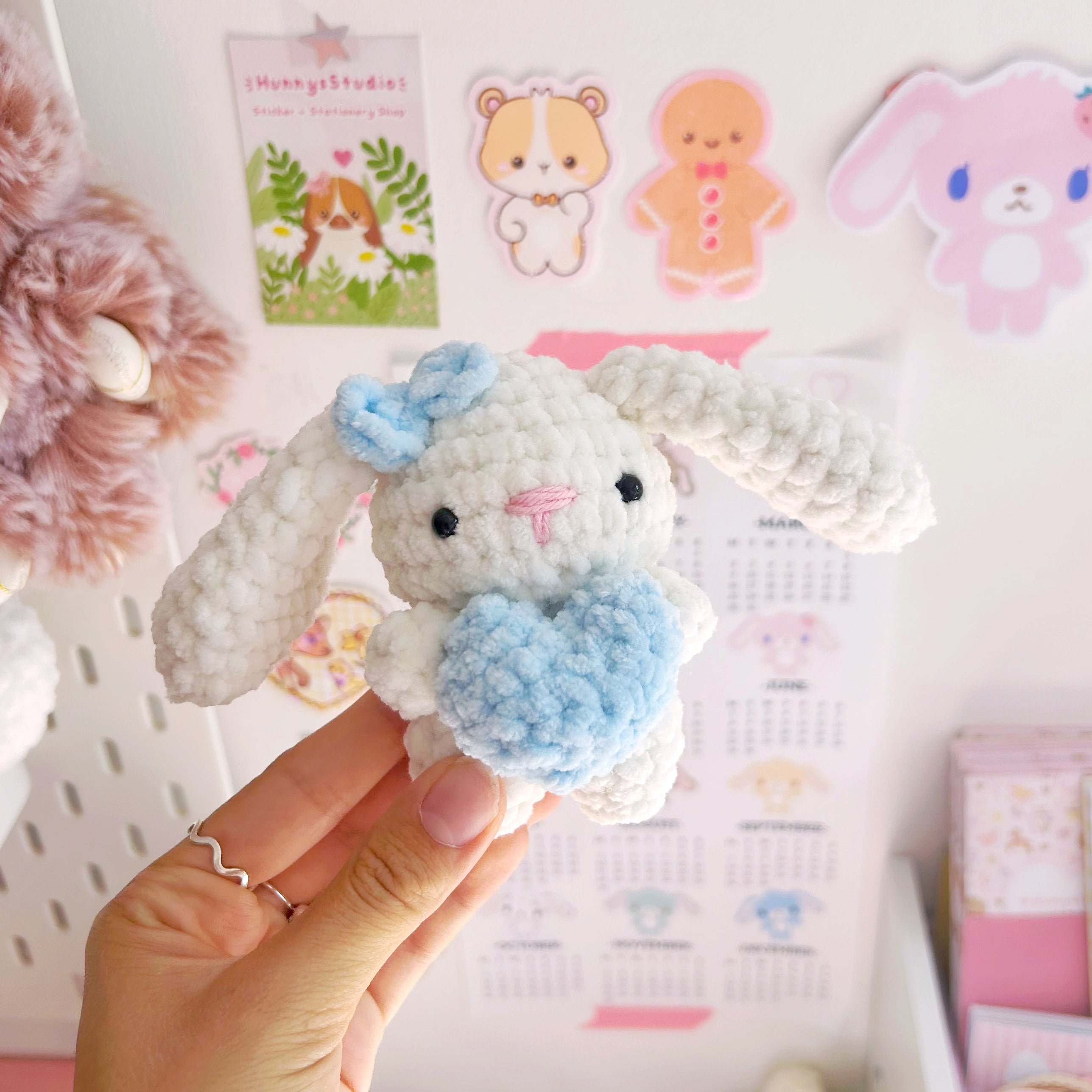 Crochet cream bunnies with hearts, handmade crochet plushies