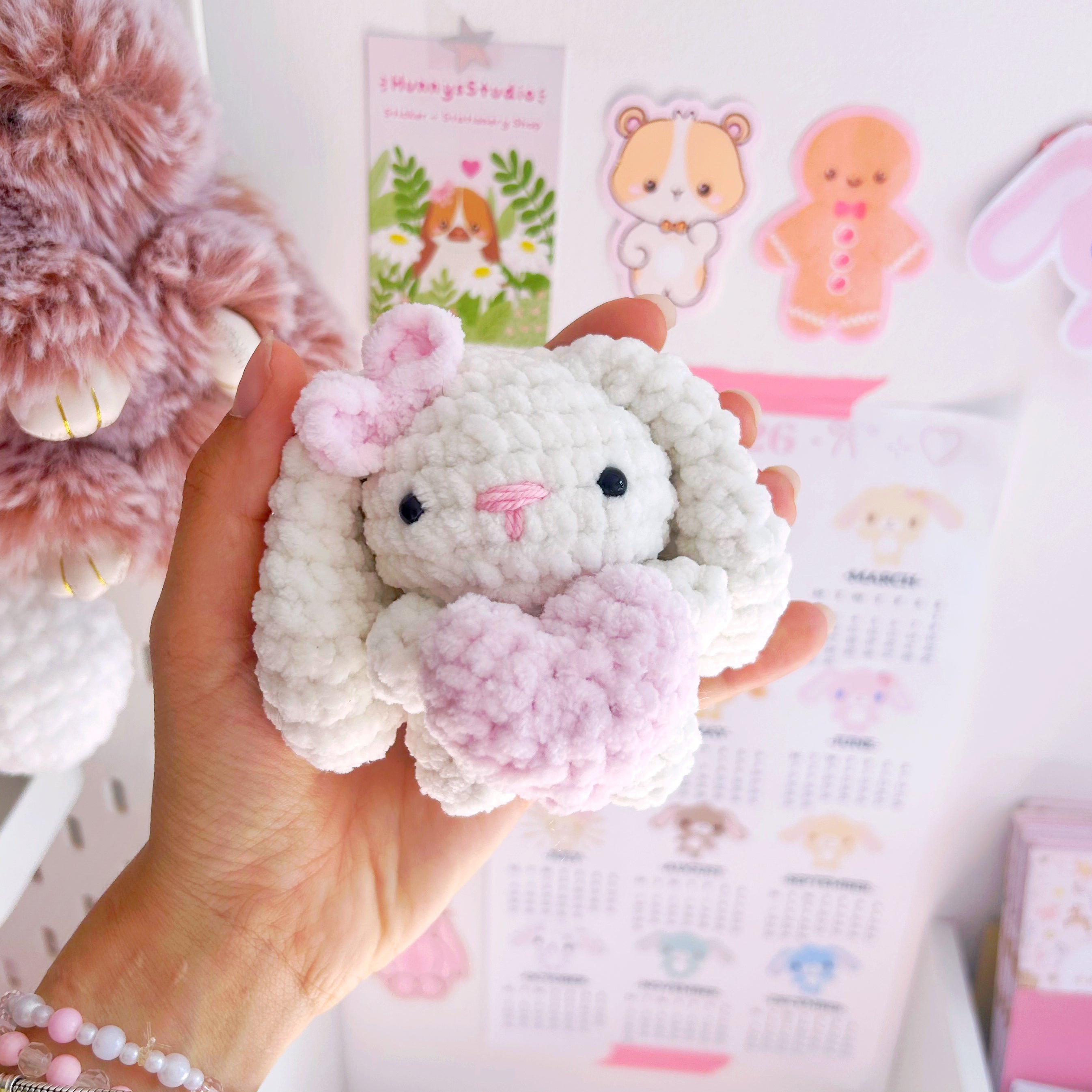 Crochet cream bunnies with hearts, handmade crochet plushies