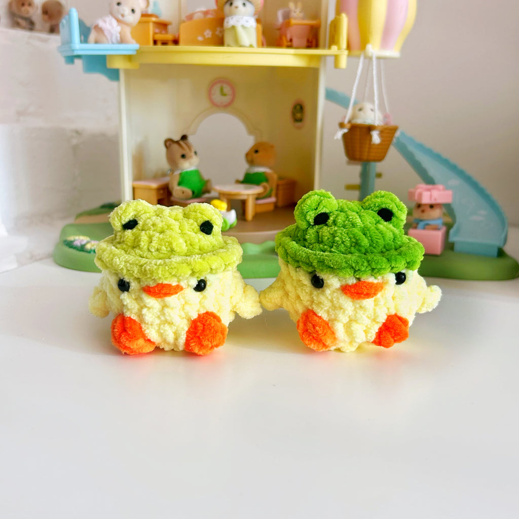 Crochet chick with frog hat, handmade crochet plushies
