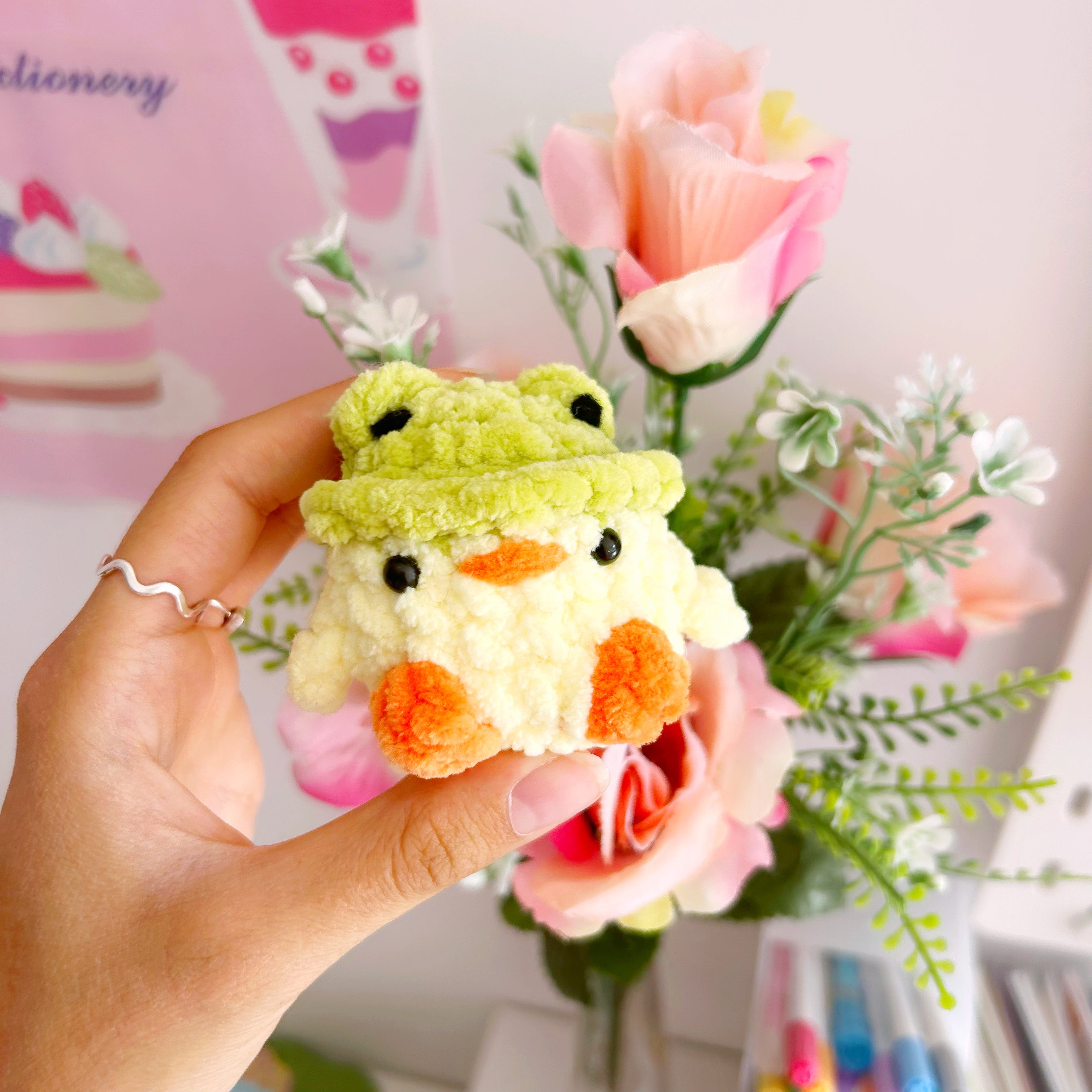 Crochet chick with frog hat, handmade crochet plushies