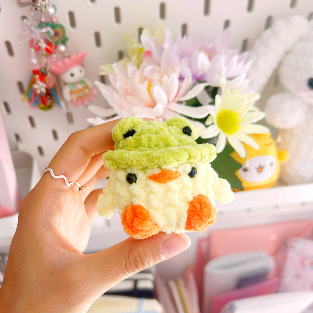 Crochet chick with frog hat, handmade crochet plushies