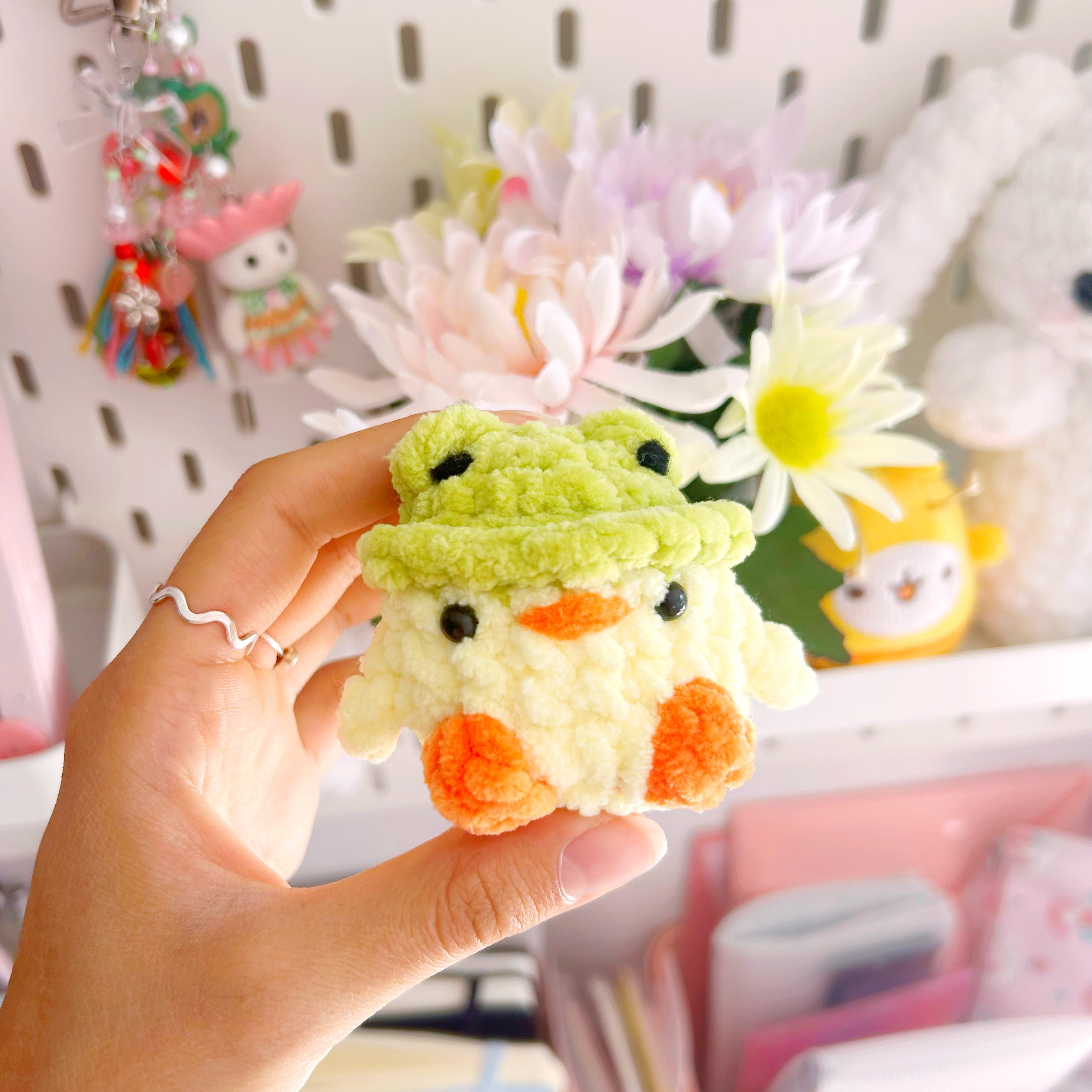 Crochet chick with frog hat, handmade crochet plushies