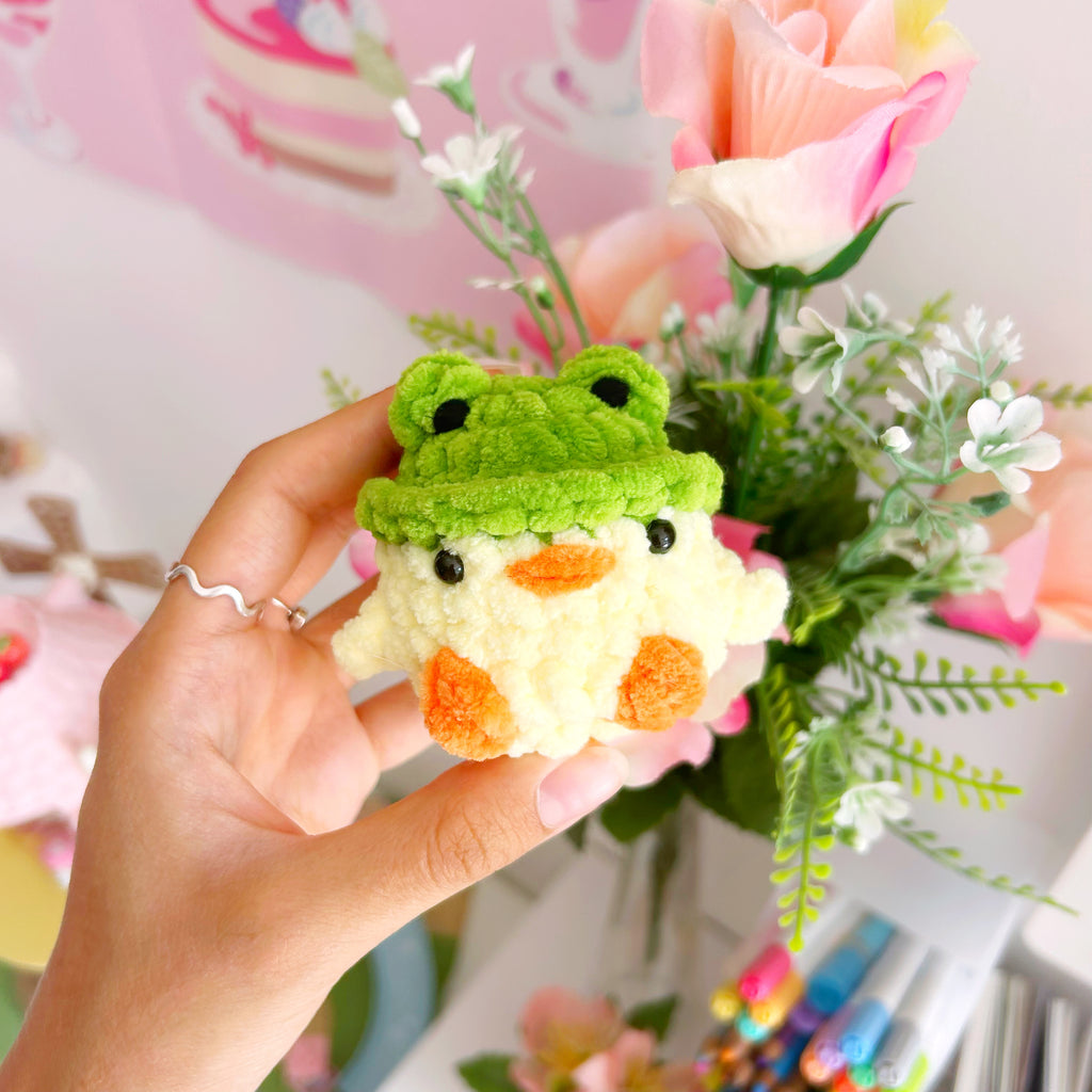 Crochet chick with frog hat, handmade crochet plushies