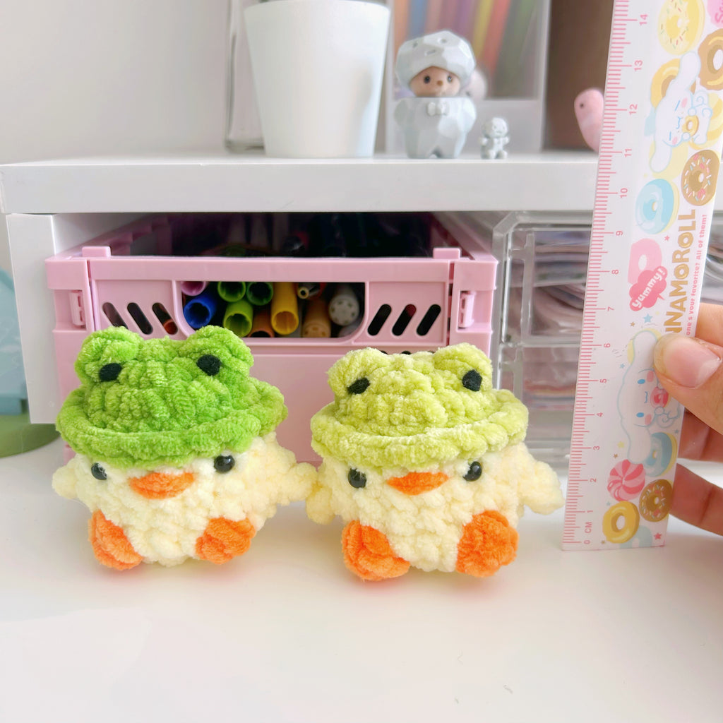 Crochet chick with frog hat, handmade crochet plushies