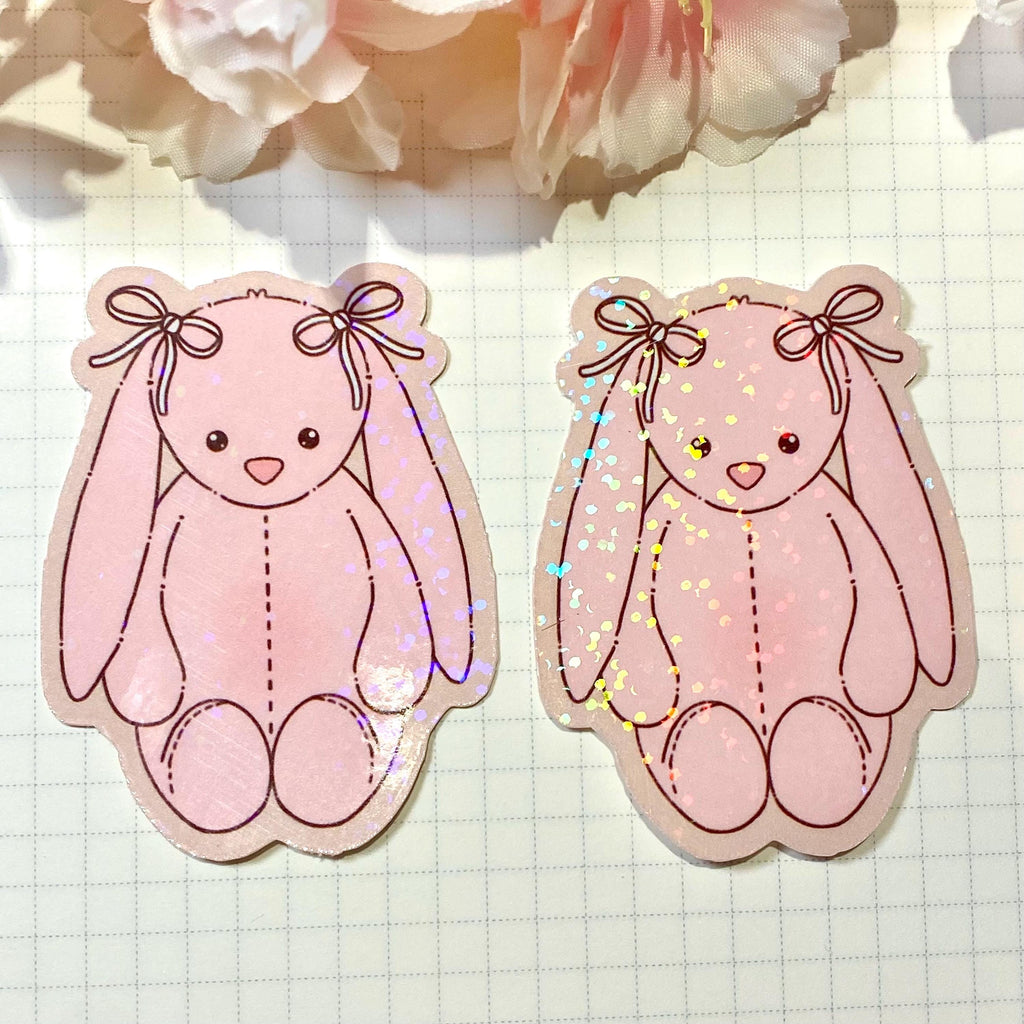 Pink bunny plushie die cut vinyl holographic sticker