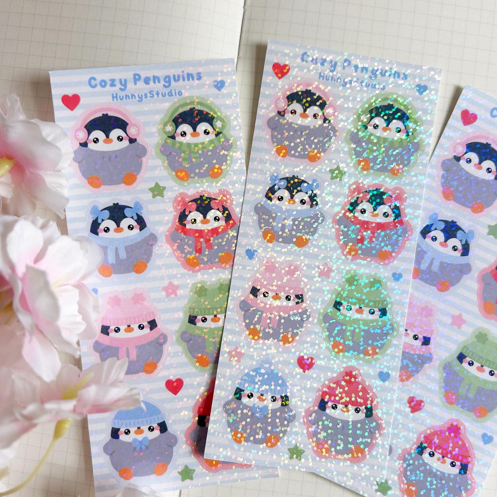 Cozy penguins vinyl holographic sticker sheet