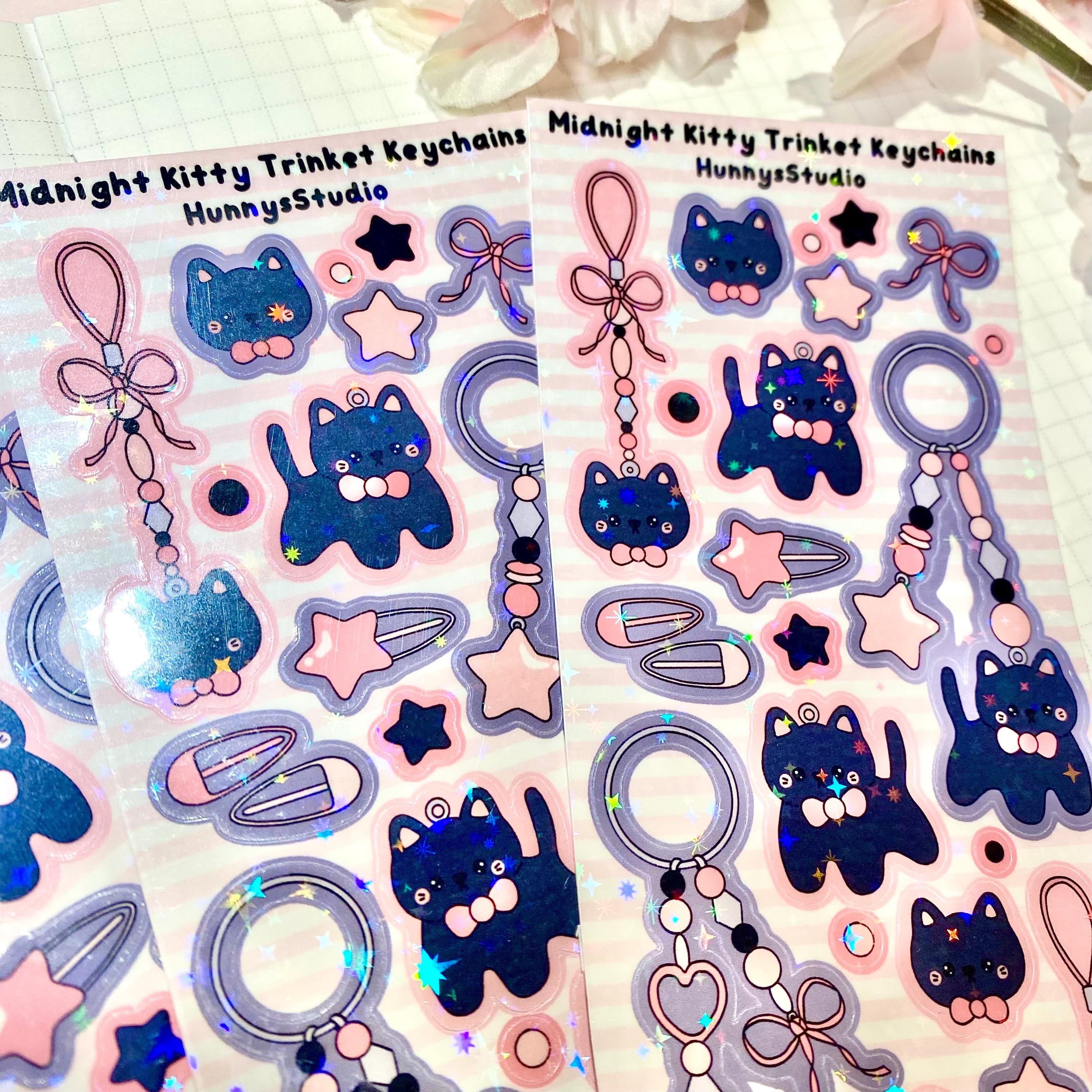 midnight kitty trinket keychains vinyl holographic sticker sheet