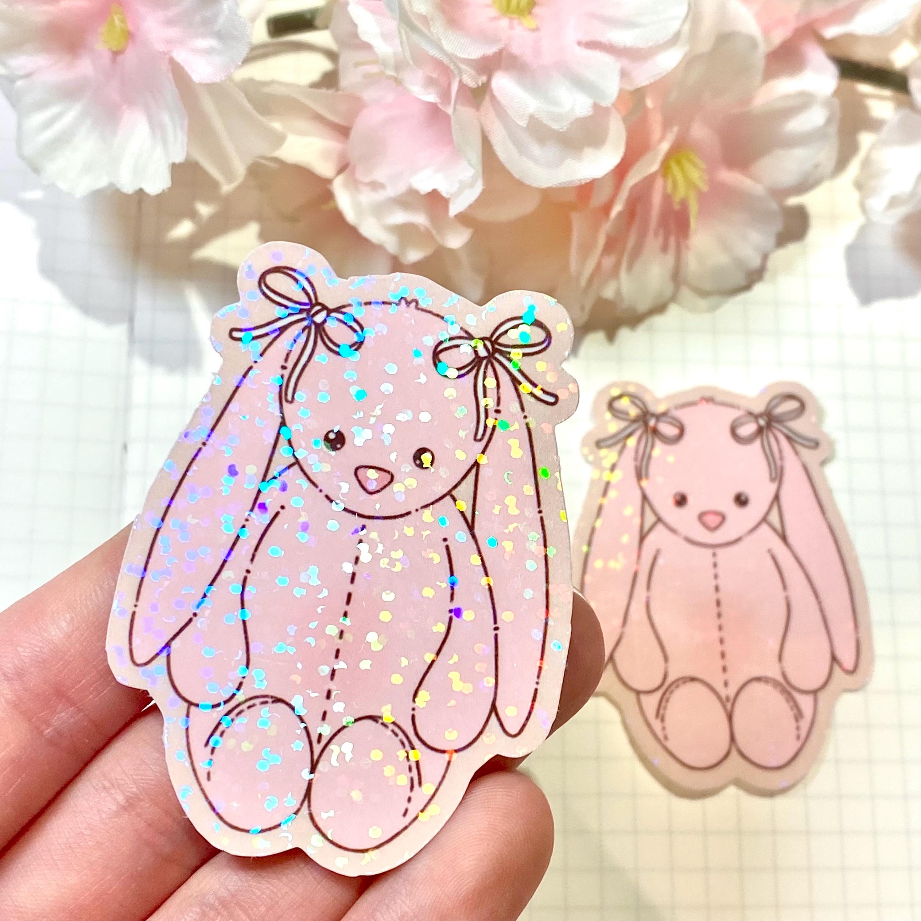 Pink bunny plushie die cut vinyl holographic sticker
