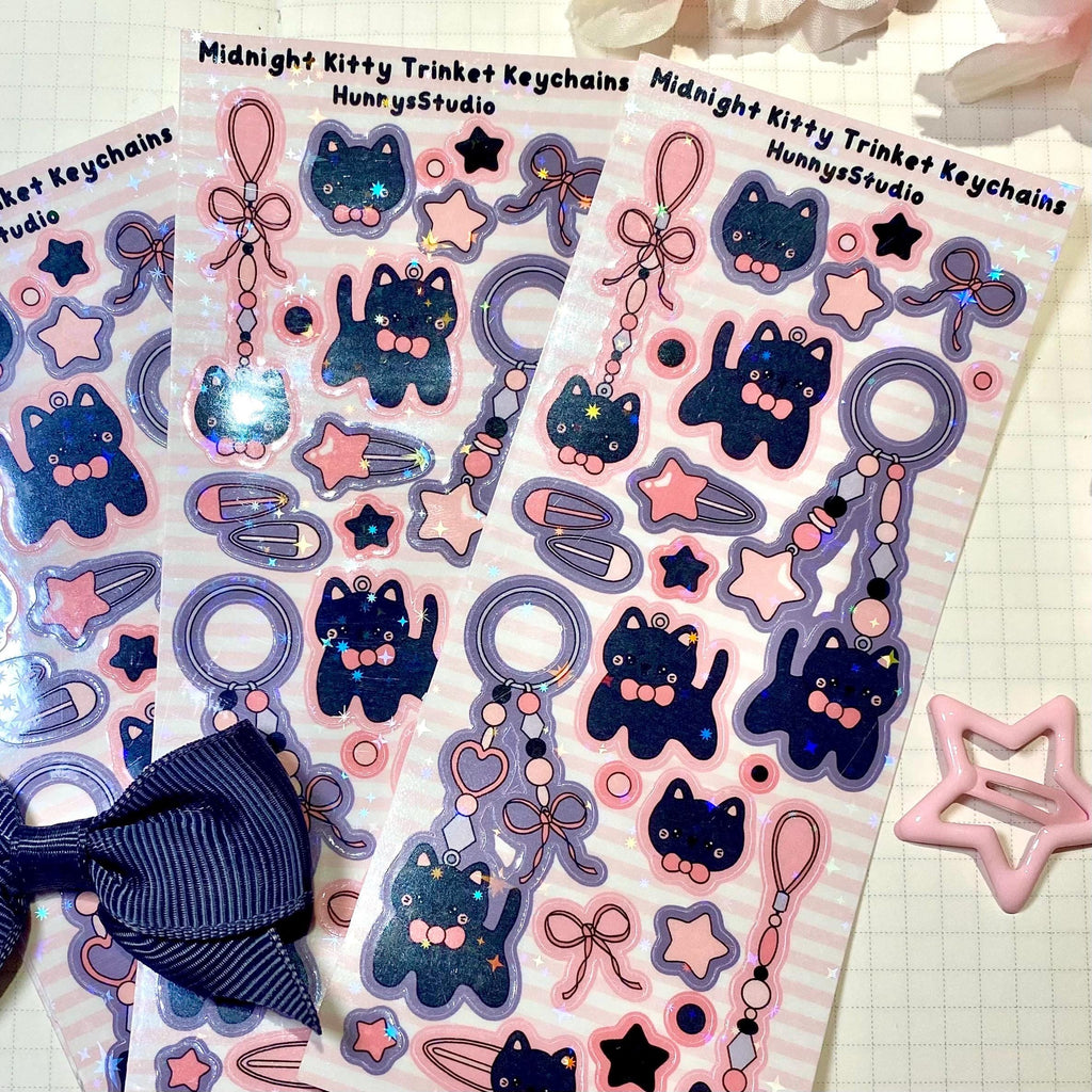 midnight kitty trinket keychains vinyl holographic sticker sheet