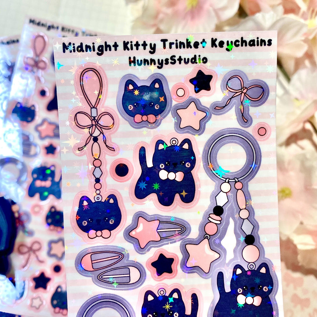midnight kitty trinket keychains vinyl holographic sticker sheet