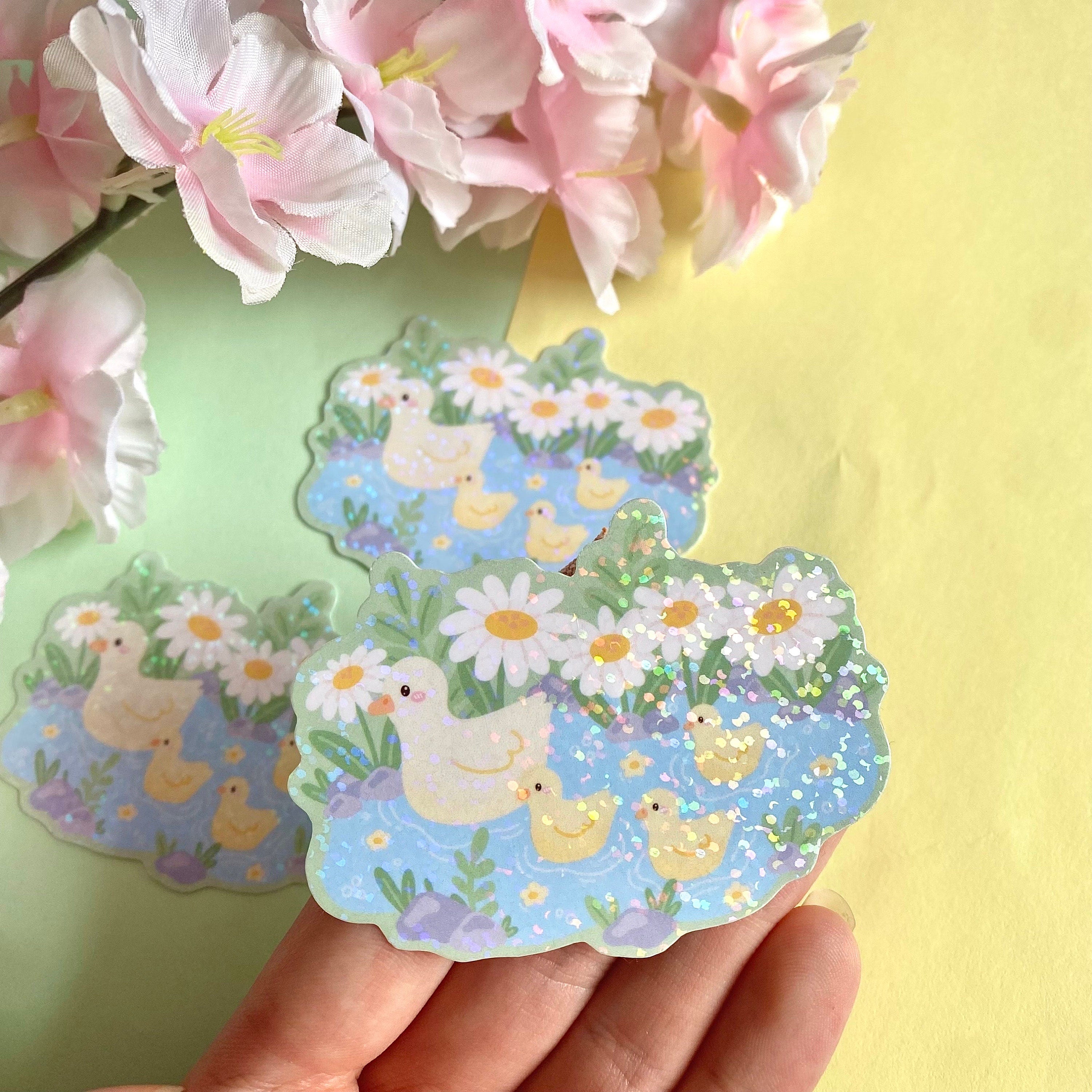 Duckies in a pond vinyl holographic die cut sticker