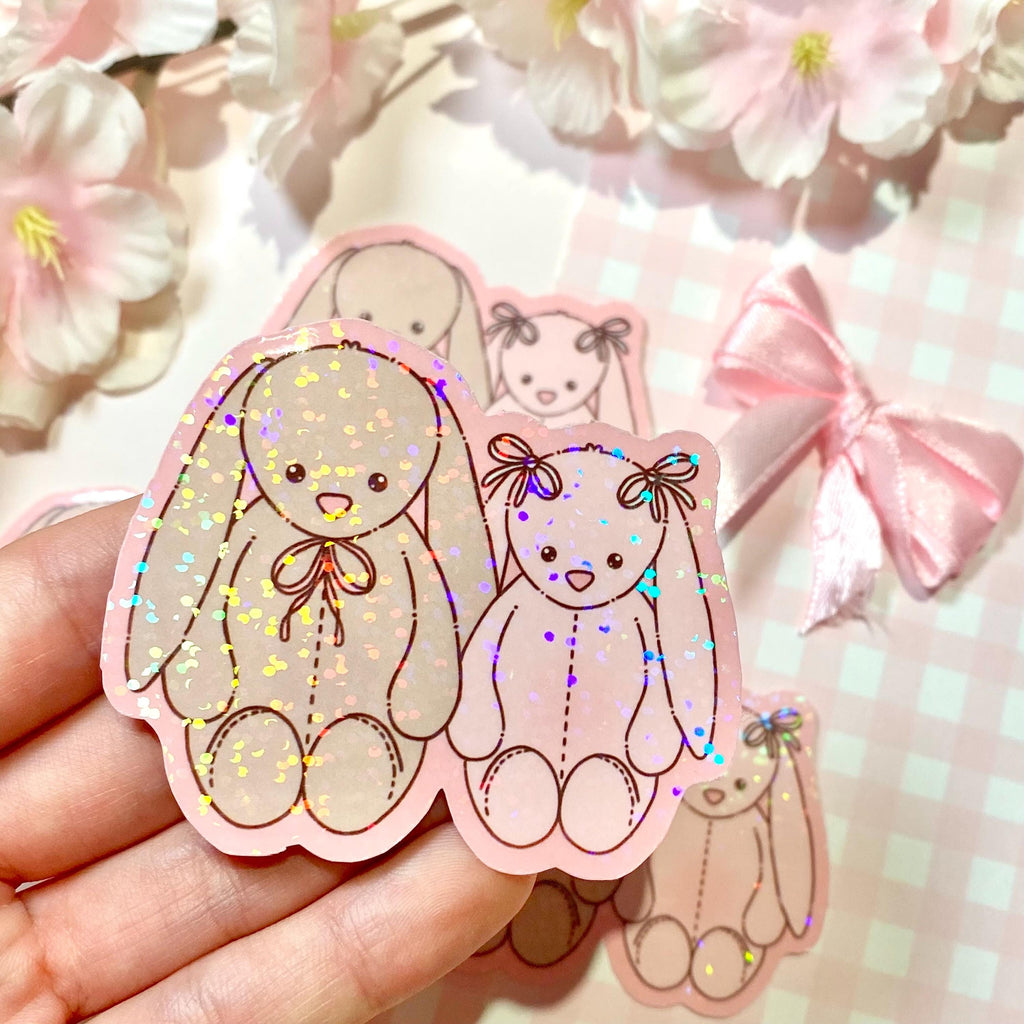 Two bunny plushies die cut vinyl holo sticker
