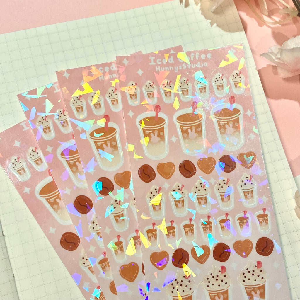 Iced coffee holographic vinyl sticker sheet