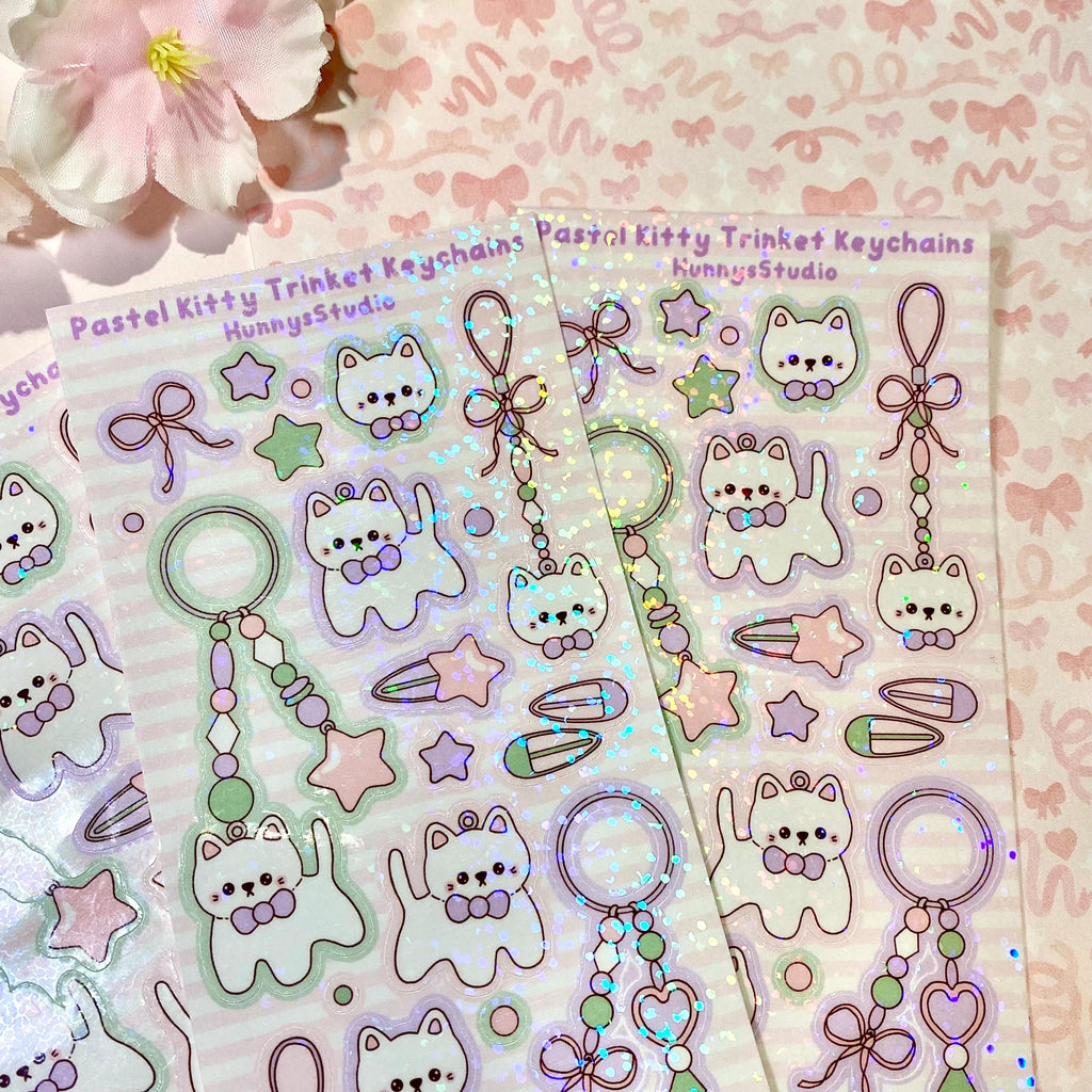Pastel kitty trinket keychains vinyl holo sticker sheet
