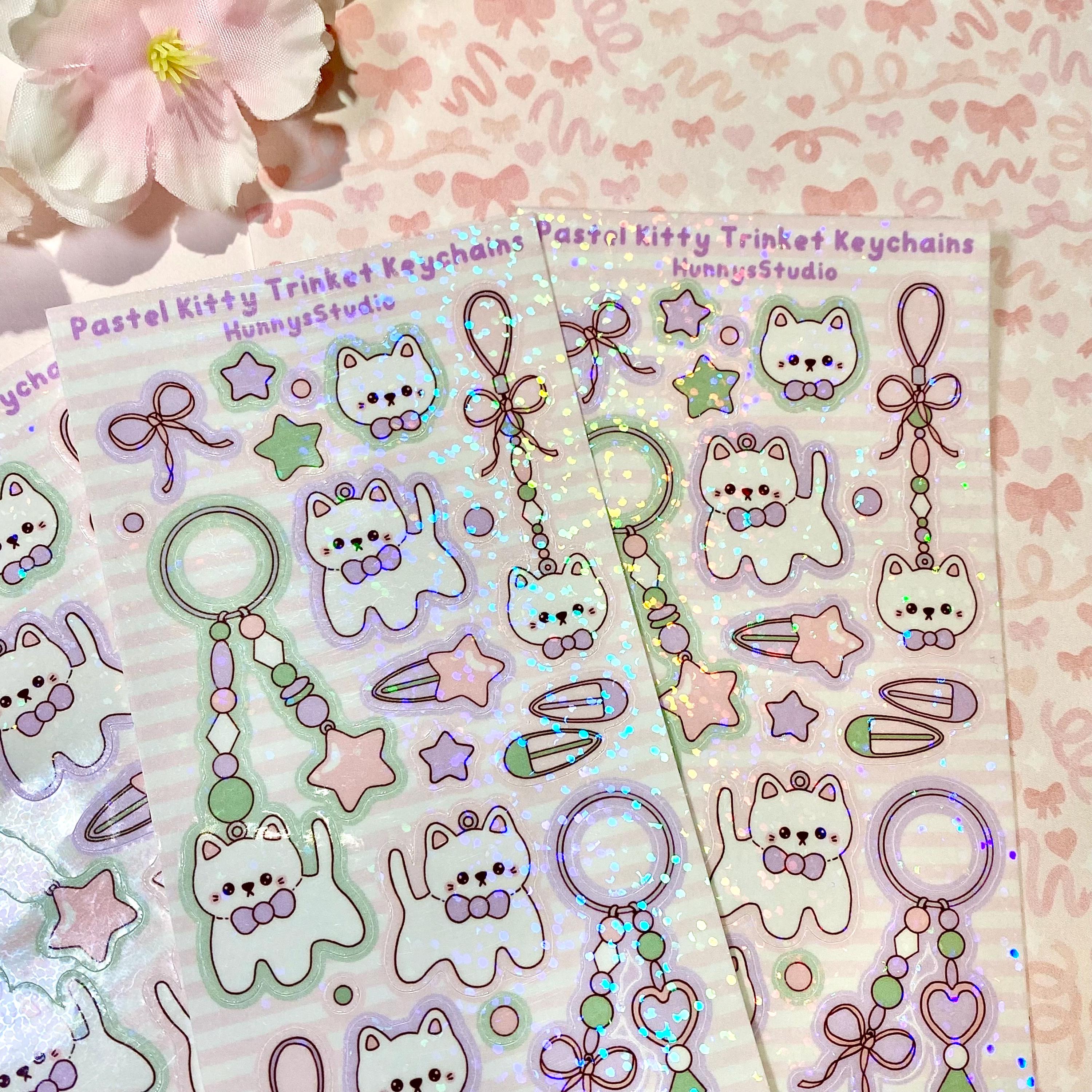 Pastel kitty trinket keychains vinyl holo sticker sheet