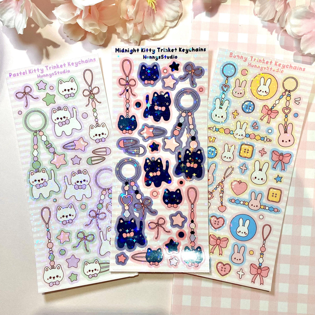 Bunny trinket keychains vinyl holographic sticker sheet