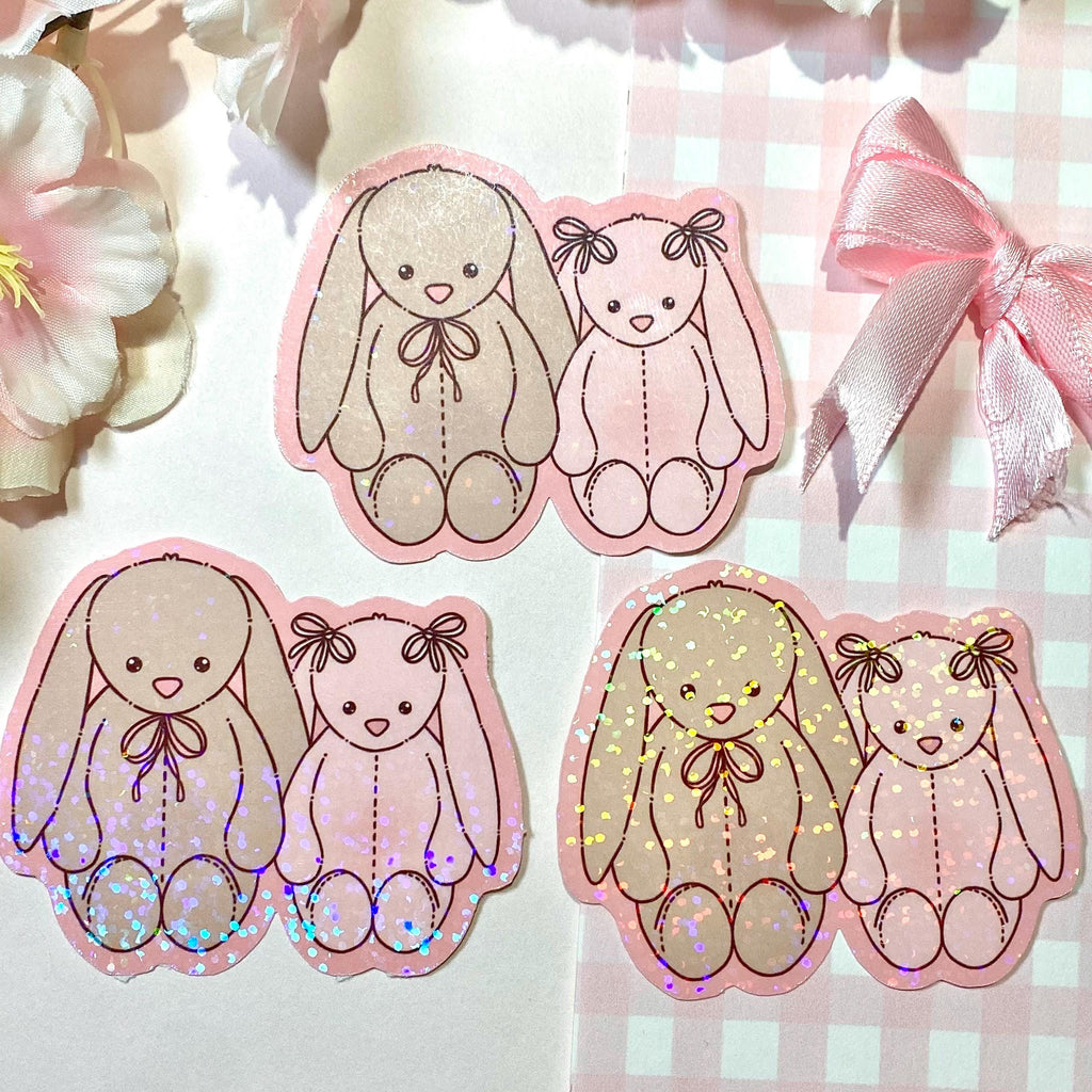 Two bunny plushies die cut vinyl holo sticker
