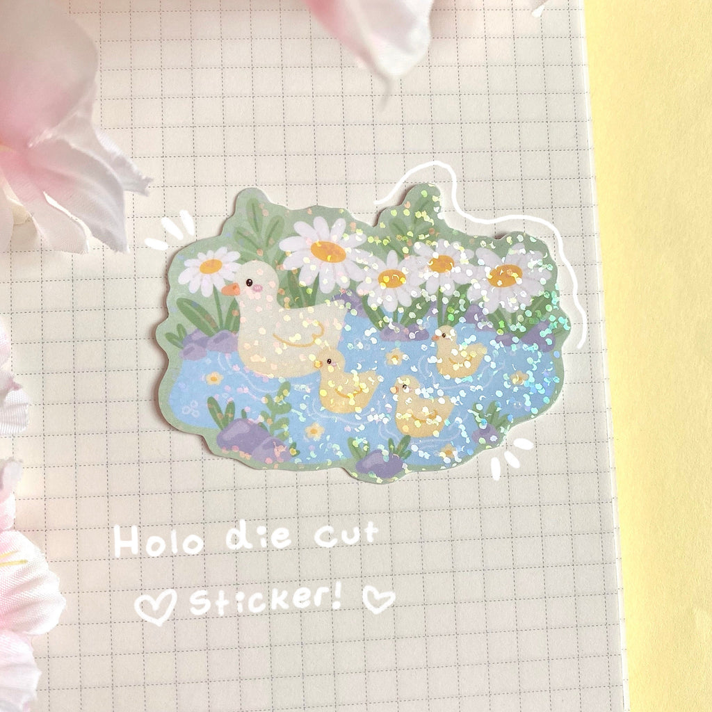 Duckies in a pond vinyl holographic die cut sticker