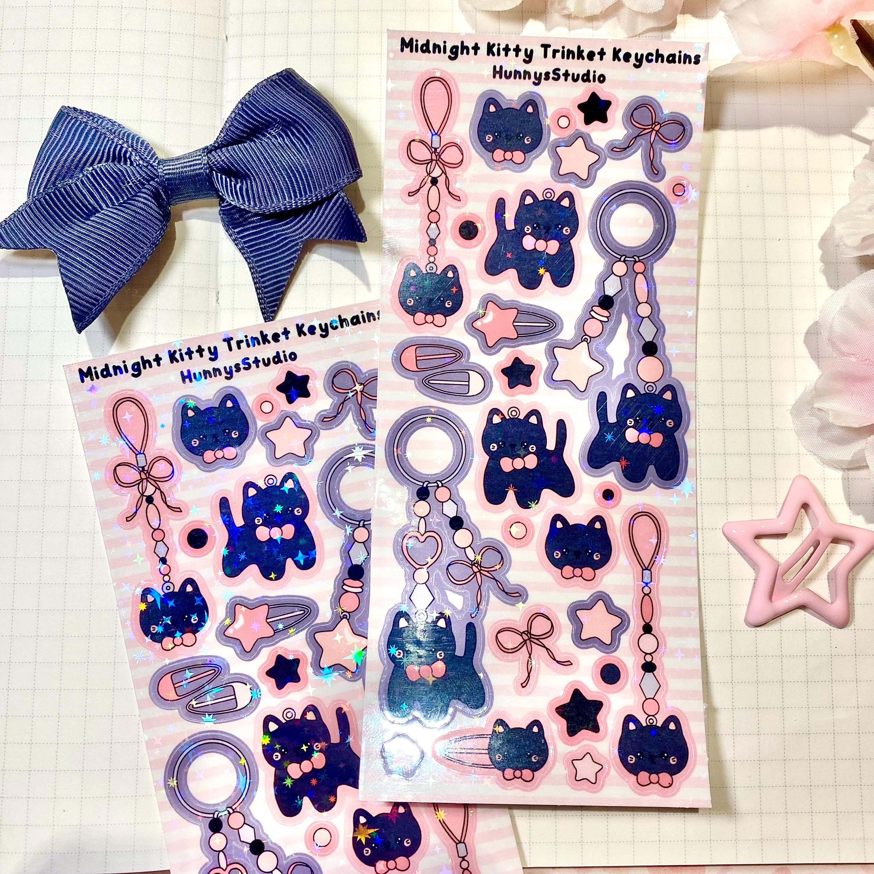 midnight kitty trinket keychains vinyl holographic sticker sheet