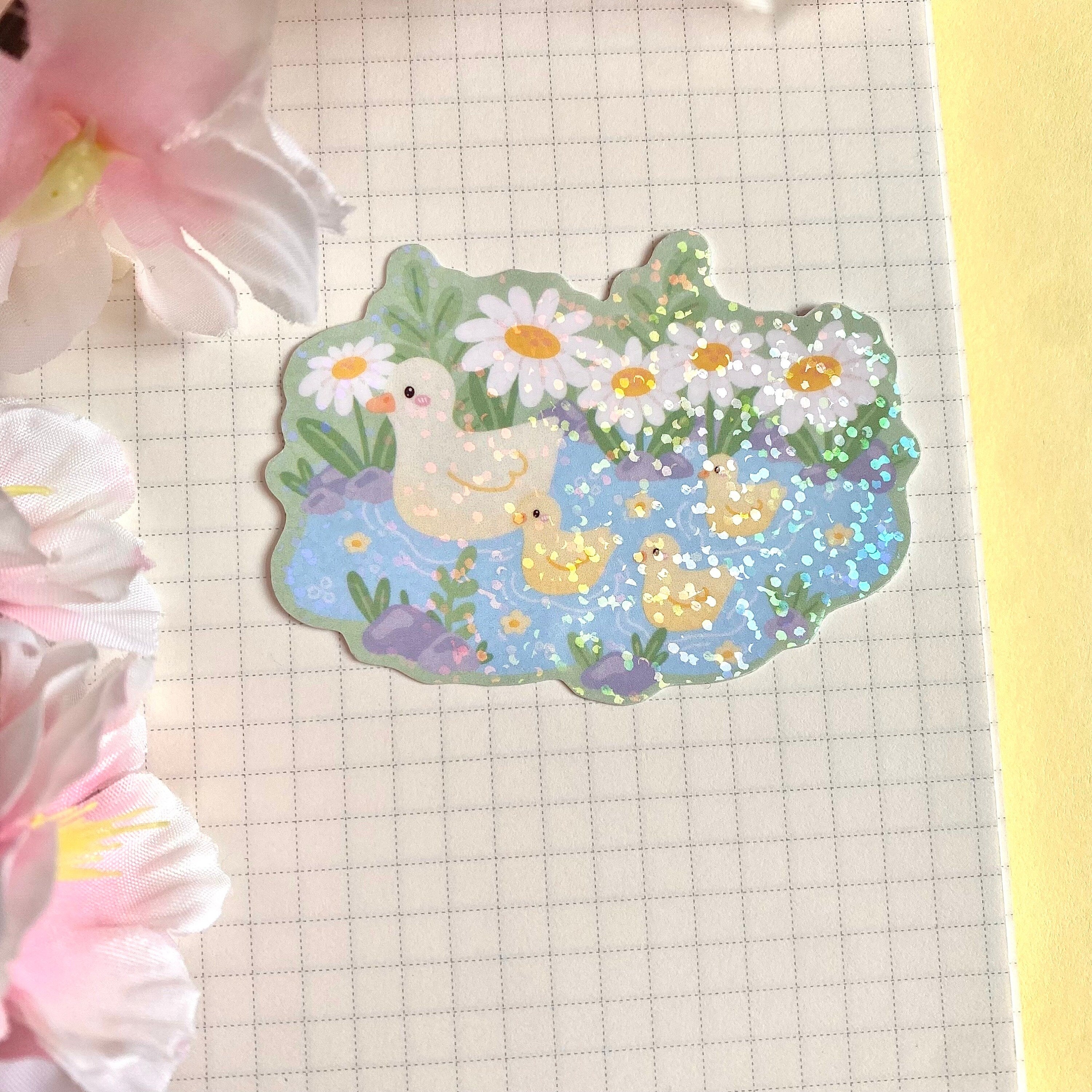 Duckies in a pond vinyl holographic die cut sticker